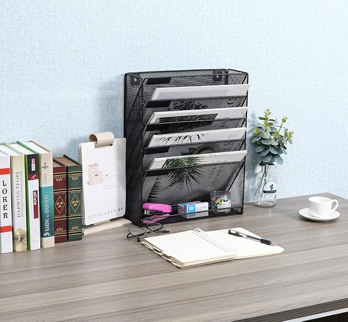 EasyPAG 5 Slot Wall Hanging File Organizer Vertical Office Desk /Wall Mounted File Holder Paper Organizer with Bottom Flat Tray,Black