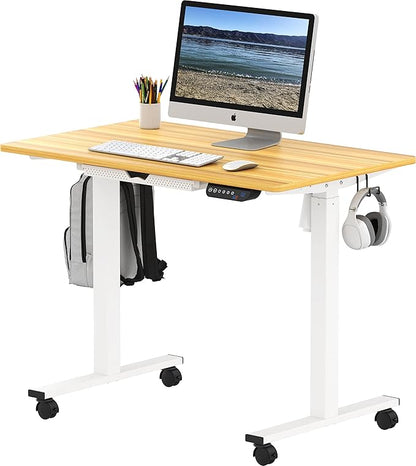 SHW Small Electric Height Adjustable Mobile Sit Stand Desk with Drawer, Hanging Hooks and Cable Management, 40 x 24 Inches, Oak