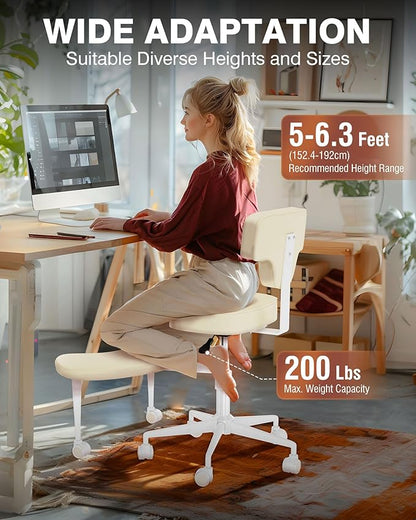 PYY Ergonomic Meditation Chair - Crossed Legged Office Chair with Lumbar Support, ADHD Chairs for Adults, Adjustable Height, Squatting Kneeling Chair Fidget Chair with Wheels for Home & Office, White