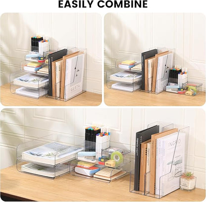 Desk Organizer with 2 Vertical File Holder, 4 Tier Stackable Paper Letter Tray File Organizer with 5-Compartments Pen Holder, Clear Desktop Organizer Office Organization and Storage