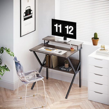 ODK Small Desk, 27.5 Inch Small Computer Desk for Small Spaces, Compact Desk with Storage, Tiny Desk Study Desk with Monitor Stand for Home Office, Grey