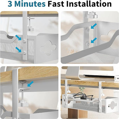 Under Desk Cable Management Tray, Litwaro Cable Management Under Desk No Drill, Metal Cable Tray with Clamp for Desk Wire Management, Desk Cord Organizer for Home Office No Damage to Standing Desk