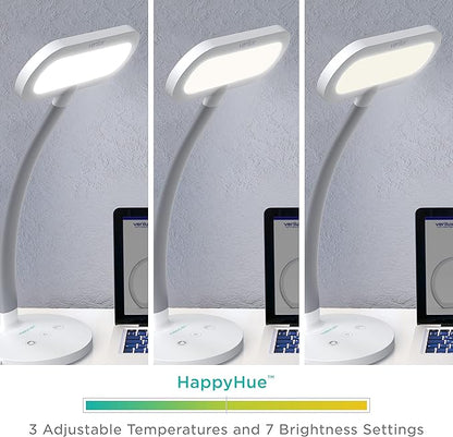 Verilux HappyLight Duo - 2-in-1 Light Therapy & Task Desk Lamp - UV-Free Full Spectrum LED, 10,000 LUX, Adjustable Brightness and Color, Flexible Gooseneck, and Integrated USB Charging Port