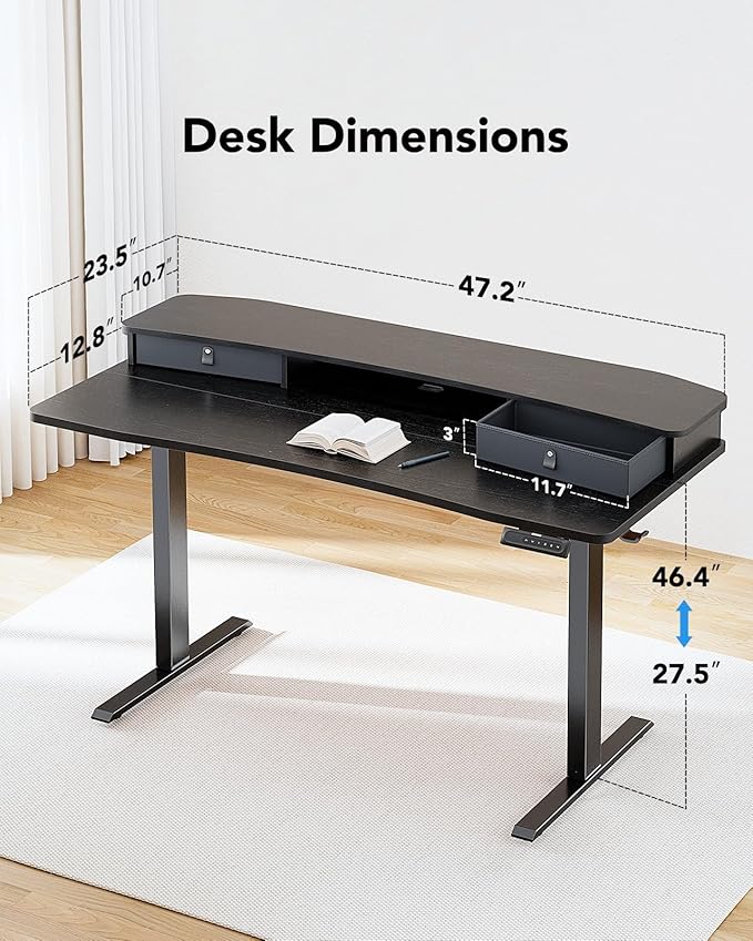 HUANUO 48″ x 24″ Electric Standing Desk with 2 Drawers, C-Clamp Mount Compatible, Height Adjustable Computer Desk, Home Office Stand Up Desk with 4 Preset Heights & 2 Hooks, Black