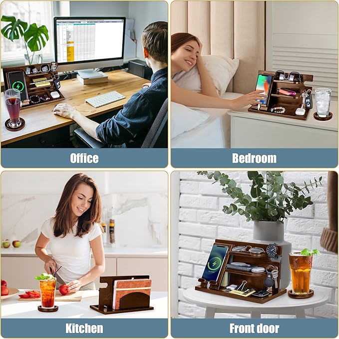 Wood Phone Docking Station - Wood Charging Station Organizer Stand, Bedside Nightstand Organizer for Men and Women, Holds Phone, Tablet, Keys, Glasses, EDC and More