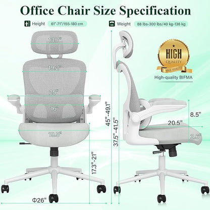 SUNNOW Ergonomic Office Chair, Comfy Mesh Desk Chair, High Back Computer Gaming Chairs with Adjustable Lumbar Support, Flip-Up Arms, Headrest, Tilt Function, Wide Cushion, Swivel Rolling Wheel (Grey)