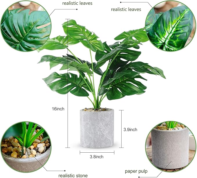 2pcs Fake Plants 16" Faux Plants Artificial Tropical Plants Indoor for Home Office Desk Kitchen Bathroom Table Shelf Sage Green Decor