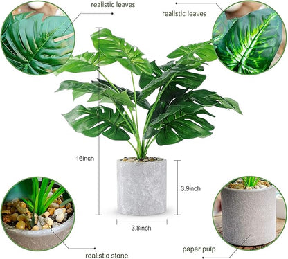 2pcs Fake Plants 16" Faux Plants Artificial Tropical Plants Indoor for Home Office Desk Kitchen Bathroom Table Shelf Sage Green Decor