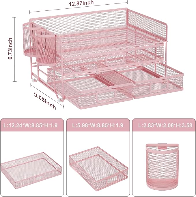 Marbrasse 3 Tier Mesh Desk Organizer with Drawer, Multi-Functional Desk Organizers and Accessories, Paper Letter Organizer with 2 Pen Holder for Home Office Supplies (Pink)