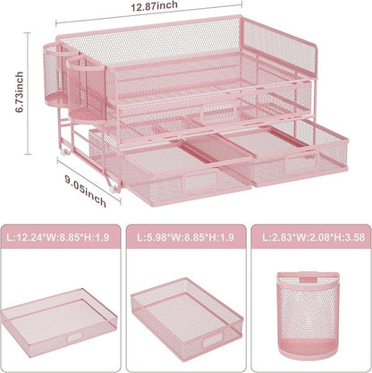 Marbrasse 3 Tier Mesh Desk Organizer with Drawer, Multi-Functional Desk Organizers and Accessories, Paper Letter Organizer with 2 Pen Holder for Home Office Supplies (Pink)