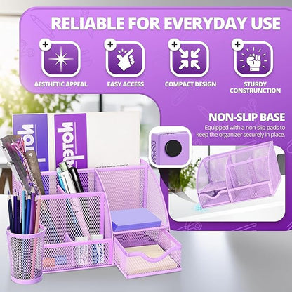 Flexzion Desk Top Caddy Organizer - Purple Office Desk Accessories Organizer and Storage - Metal Mesh Desk with 6 Compartments, Drawer and Pen Holder