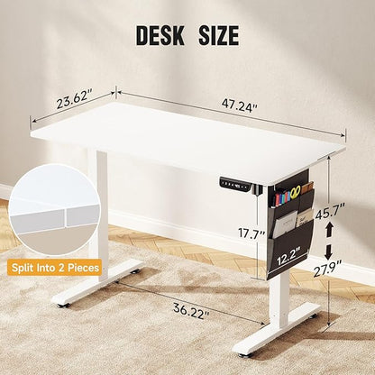 Veken 47.2 Inch Standing Desk with Side Storage Pocket, Electric Height Adjustable Sit Stand Table, Ergonomic Office Computer Desks for Home, Workstation, Study, Writing and Gaming, White