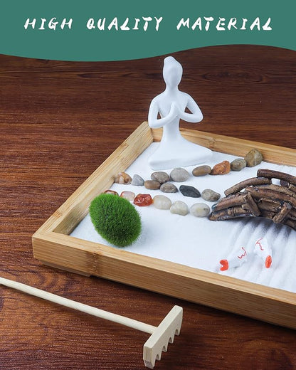 Melonva Japanese Zen Garden for Desk - Life Flows 12" x 8" Desktop Mini Zen Garden with White Sand Artificial Tree Rocks Rakes & Accessories - Meditation Zen Gifts Sand Tray Play Kit Zen Decor