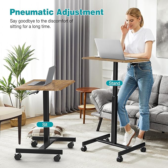 DUMOS Small Standing Desk Mobile Portable Rolling Laptop Desk on Wheels, Adjustable Height Table for Home Office, 19 Inch, Modern Brown