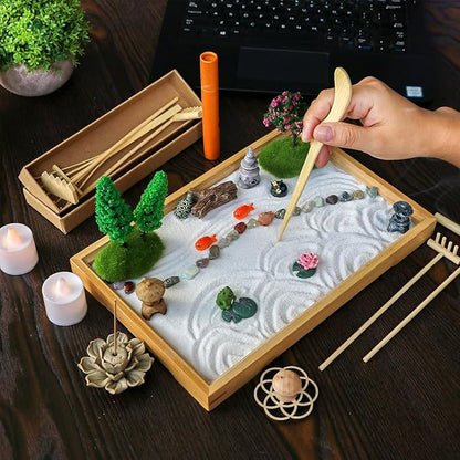 Desk Zen Garden Kit - 11x7.5in Mini Rock Garden Zen Gift Set for Home Office Desk Japanese Decor, Zen Sand Garden, 7 Tools, 21 Accessories.Bamboo Sand Tray Therapy Desktop Meditation Room Gifts