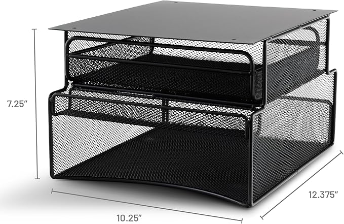 Safco Products 3244BL Onyx Mesh Deluxe Under Desk Hanging File & Paper Organizer, Black, Steel Construction, 2 Compartments, Tabletop or Desktop. Perfect for Home, Office & Classrooms, Black