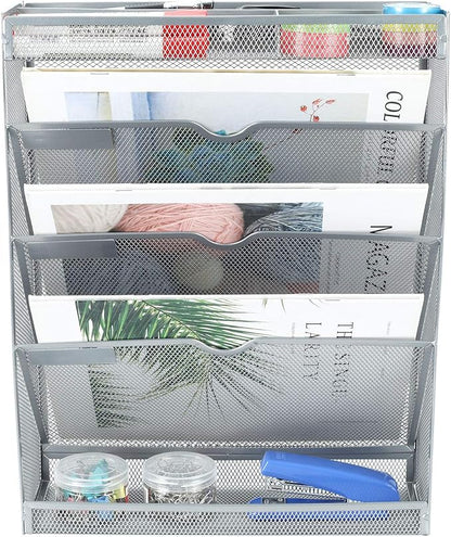 EasyPAG Mesh Wall File Holder 3 Tier Vertical Mount Hanging Organizer with Bottom Flat Tray and 3 Compartments Accessories Organizer,Silver