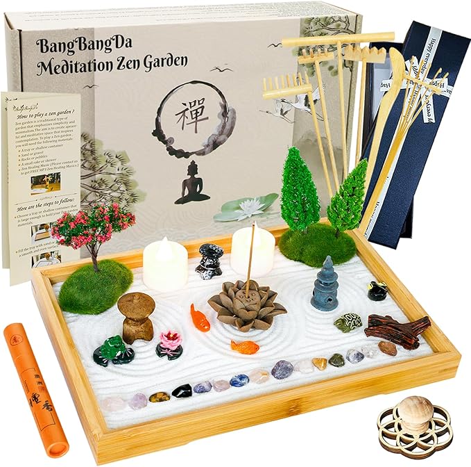 Desk Zen Garden Kit - 11x7.5in Mini Rock Garden Zen Gift Set for Home Office Desk Japanese Decor, Zen Sand Garden, 7 Tools, 21 Accessories.Bamboo Sand Tray Therapy Desktop Meditation Room Gifts