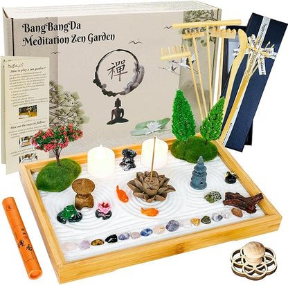 Desk Zen Garden Kit - 11x7.5in Mini Rock Garden Zen Gift Set for Home Office Desk Japanese Decor, Zen Sand Garden, 7 Tools, 21 Accessories.Bamboo Sand Tray Therapy Desktop Meditation Room Gifts