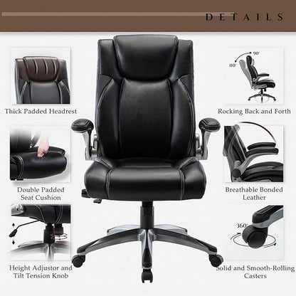 COLAMY Executive Office Ergonomic Chair with Thick Bonded Leather, Flip-up Armrests, High Back Adjustable Height and Tilt for Working, Study, Gaming,Set of 2