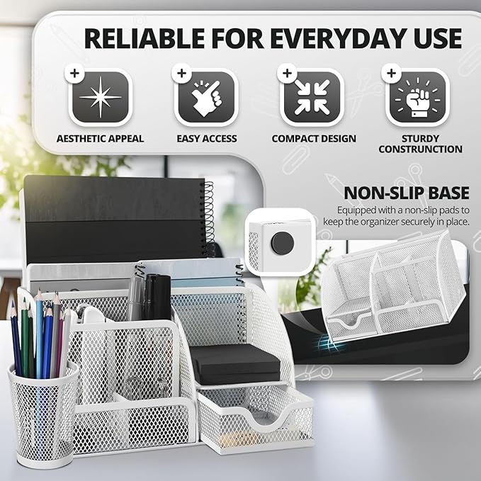 Flexzion Desk Top Caddy Organizer - White Office Desk Accessories Organizer and Storage - Metal Mesh Desk with 6 Compartments, Drawer and Pen Holder