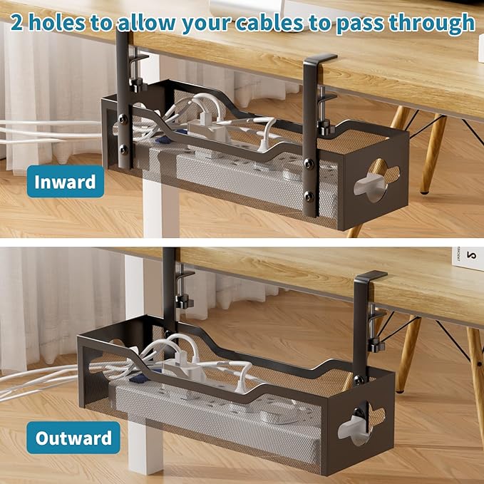 Under Desk Cable Management Tray Black, Litwaro Cable Management Under Desk No Drill, Desk Cable Organizer with Clamp for Desk Cord Organizer, Desk Wire Management No Damage to Desk for Office, Home