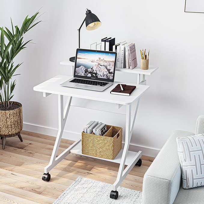 Dripex Computer Desk for Small Spaces, 27.5 inch Small Computer Desk, 3 Tier Compact Desk with Monitor Shelf and Bottom Storage Shelves, Space Saving Desk, White