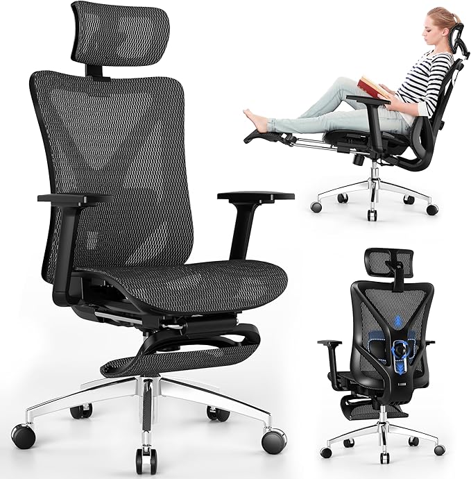 GABRYLLY Ergonomic Office Chair with Adjustable Lumbar Support, 3D Armrests & Headrest, 135° Reclining Chair with Footrest & Large Steel Base,300LBS Swivel Desk Chair(GYMN01)