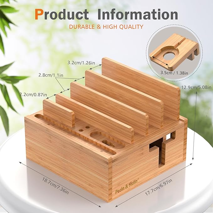 Pezin & Hulin Bamboo Charging Station for Multiple Devices Include 5 Port USB Charger, 5 Cables, Desktop Organizer for Phones, Tablet, Wooden Docking Stations