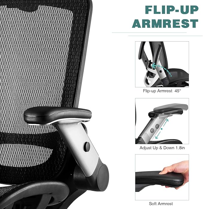 GABRYLLY Ergonomic Office Chair, High Back Home Desk Chair with Headrest, Flip-Up Arms, 90-120° Tilt Lock and Wide Cushion, Big and Tall Mesh Chairs for Man Woman, Black Task Chair