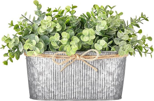 Dahey Artificial Eucalyptus Faux Plants Indoor for Farmhouse Home Decor Fake Potted Plants in Rustic Rectangular Pots Table Centerpiece for Office Bath Living Room Greenery Decor, 7" L x 4" H