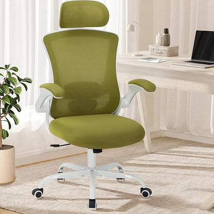 Ergonomic Mesh Office Chair, High Back Executive Desk Chair with Adjustable Headrest and Lumbar Support, Flip-Up Arms, Rocking, Swivel Rolling Computer Mesh Chair for Home Office-Green