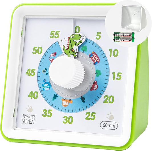 Visual Timer with Protective Case, 60-Minute Countdown Timer for Kids Autism ADHD Classroom Home Office with, Countdown Clock for Teaching Work Meeting Time Managemen with Green Dinosaur Pattern