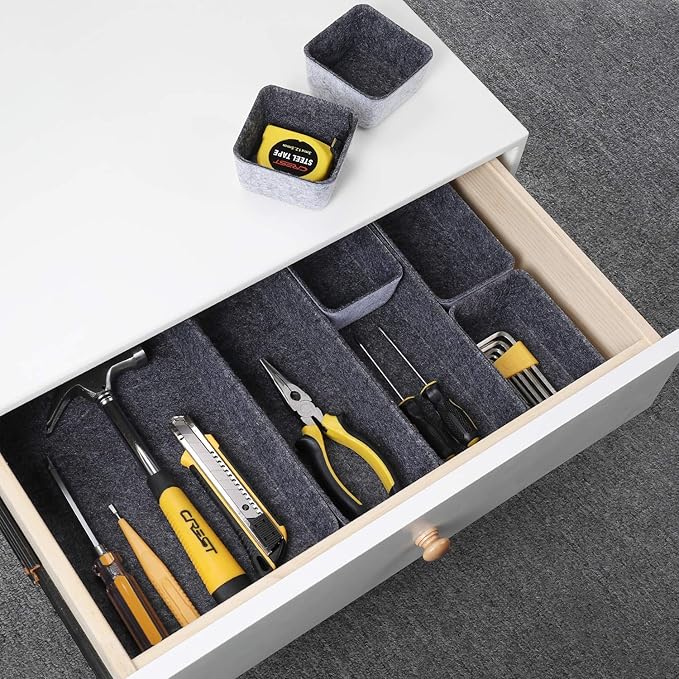 Welaxy desk drawer organizers tray dividers small shallow felt storage bin soft sturdy for office suppliers makeup pens keys coins sorting 8-piece gifts for men sleek minimalist (Charcoal)