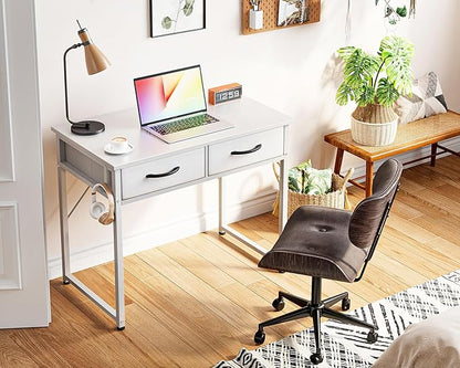 ODK Small Desk with Fabric Drawers- for Bedroom, White Vanity Desk with Storage, Home Office Computer Desk for Small Spaces, 32 Inch Modern Work Writing Study Table, White