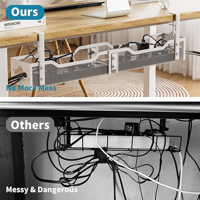 Under Desk Cable Management Tray, 25'' Metal Cable Tray with Clamp for Desk Wire Management, Litwaro Cable Management Under Desk No Drill, Desk Cord Organizer - No Damage to Desk…