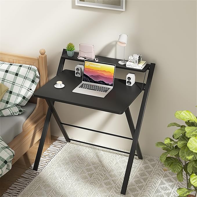 GreenForest Folding Desk No Assembly Required Small Size, 2-Tier Foldable Computer Desk with Shelf for Home Office, Space Saving Portable Laptop Study Foldable Table for Small Spaces, Black