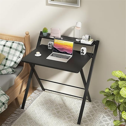 GreenForest Folding Desk No Assembly Required Small Size, 2-Tier Foldable Computer Desk with Shelf for Home Office, Space Saving Portable Laptop Study Foldable Table for Small Spaces, Black