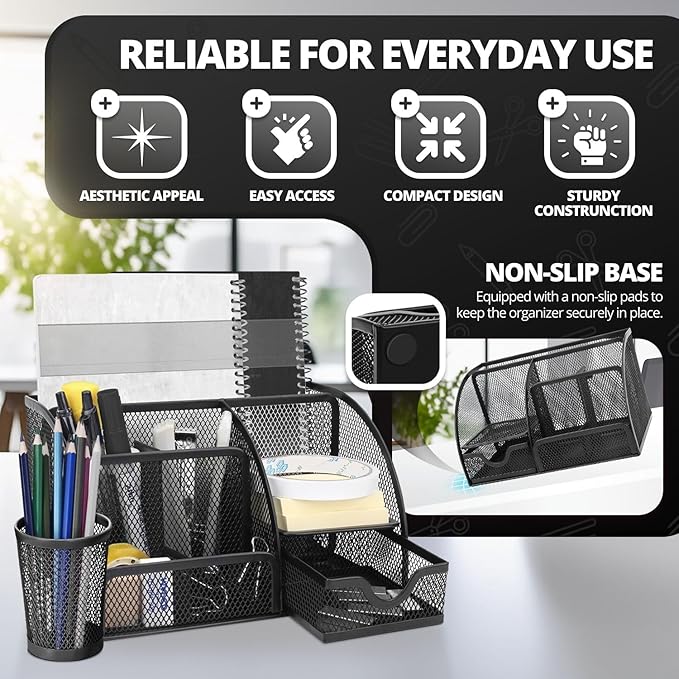 Flexzion Desk Top Caddy Organizer - Black Office Desk Accessories Organizer and Storage - Metal Mesh Desk with 6 Compartments, Drawer and Pen Holder