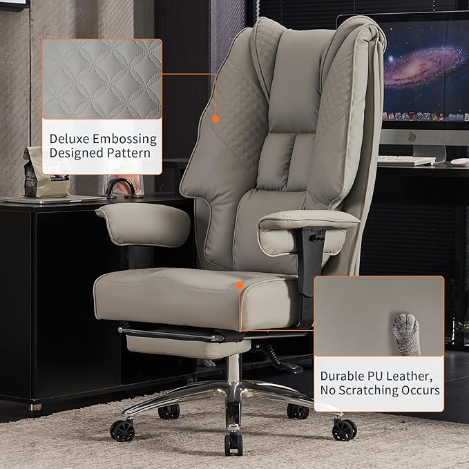 Big and Tall Office Chair 400lbs Wide Seat, Leather High Back Executive Office Chair with Foot Rest, Ergonomic Office Chair Lumbar Support for Lower Back Pain Relief (Light Grey)