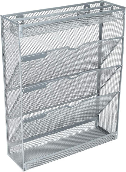 EasyPAG Mesh Wall File Holder 3 Tier Vertical Mount Hanging Organizer with Bottom Flat Tray and 3 Compartments Accessories Organizer,Silver