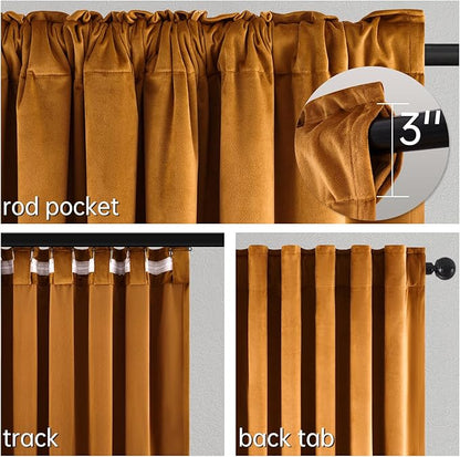 Topfinel Room Darkening Velvet Curtains 96 Inch Long, Soundproof Floor to Ceiling Gold Brown Black Out Winter Curtains for Living Room Bedroom, Elegant Boho Heavy Crushed Velvet Window Drapes 2 Panels