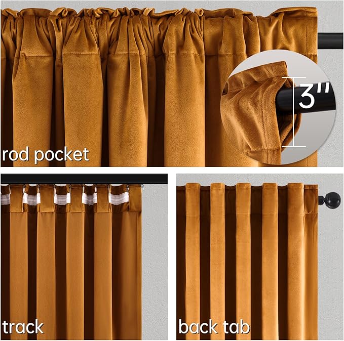 Topfinel Velvet Curtains 90 Inch Long, Golden Brown Copper Blackout Thermal Nursery Light Blocking Window Curtains for Bedroom, Sound Dampening Victorian Privacy Decorative Drapes 2 Panels Funky Decor