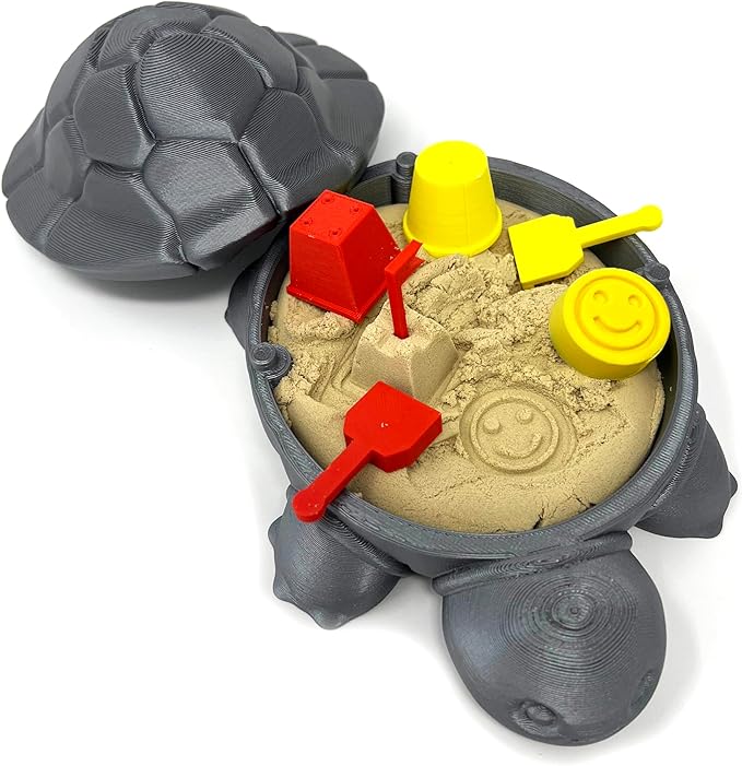 Munnygrubbbers - Mini Desktop Turtle Sand Box - 6 x 6 in - Stress Relief - includes Soft Moldable Play Sand and Mini Tool Accessories - Novelty Gift - Desktop Decor - Zen Garden - (Silver)