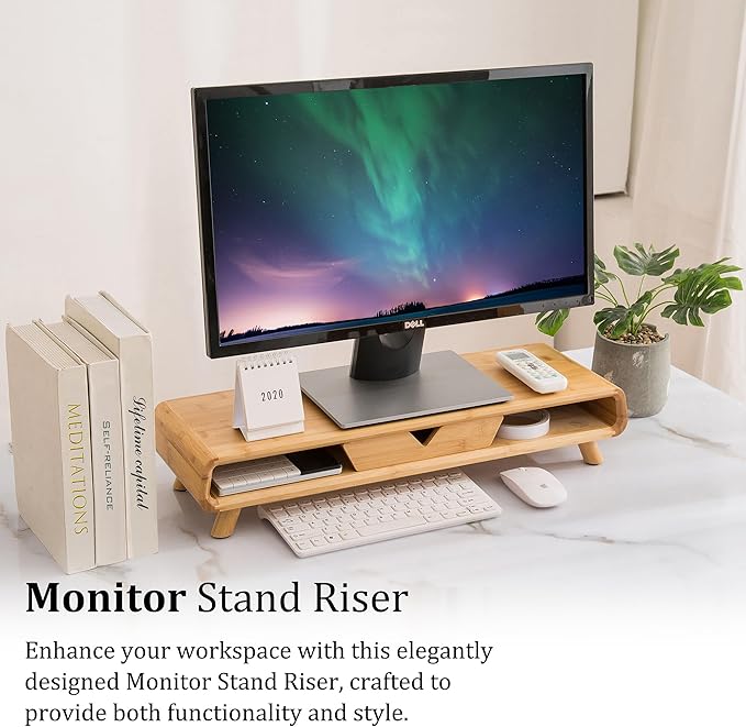 Homerays Bamboo Monitor Stand Riser, No Assembly Required Exquisite Monitor Stand with Drawer Ergonomic Height Wood Monitor Stand