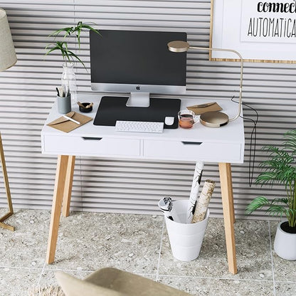 FOTOSOK White Computer Writing Desk with 2 Drawers, Small Desk Makeup Vanity Table Wood Desk with 4 Oak Legs, Modern Home Office Desk Console Study Table