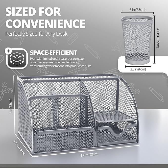 Flexzion Desk Organiser, Pen Holder, Office Organiser, Students Desk Accessories Made of Metal with Drawer and 6 Compartments, for Aesthetic Pens, Stapler, Folder Clips, Sticky Notes, Silver