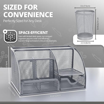 Flexzion Desk Organiser, Pen Holder, Office Organiser, Students Desk Accessories Made of Metal with Drawer and 6 Compartments, for Aesthetic Pens, Stapler, Folder Clips, Sticky Notes, Silver