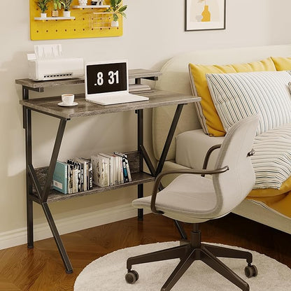 COTUBLR Small Desk, Small Computer Desk for Small Spaces, 27.5 Inch Computer Desk with Adjustable Monitor Stand, Compact Desk with Storage, Tiny Desk Study Desk for Bedroom Home Office, Grey