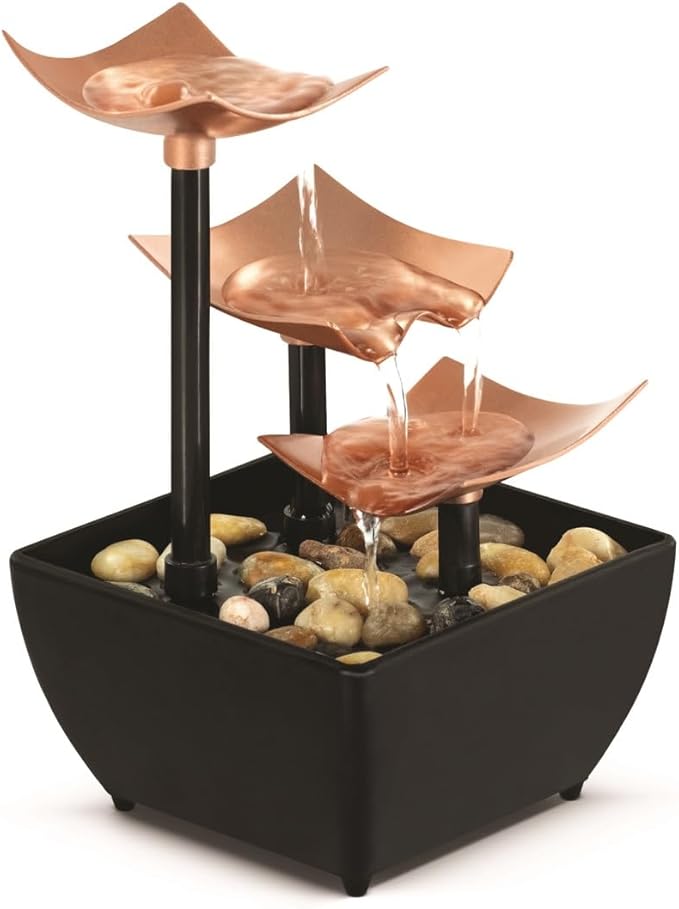 Homedics Golden Dew Relaxation Fountain – Tabletop Water Fountain with 3 Tiers, USB or 2 AA Battery Power, Natural River Rocks, and Quiet Pump for Soothing Zen Ambiance in Home or Office Décor